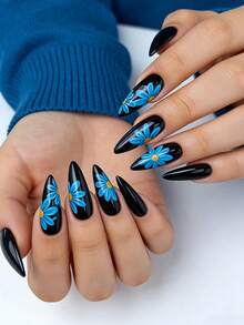 24 miếng dán móng tay hình hoa cúc xanh dương, nền đen bóng, kích thước trung bình, được vẽ tay, họa tiết hoa cúc nhỏ cá tính, tiện dụng cho sử dụng hàng ngày, dự tiệc và du lịch. - màu đen - Xem 2