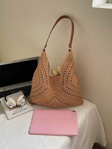 新款极简主义单肩编织手提包，女士款 - 卡其色 - 查看 3