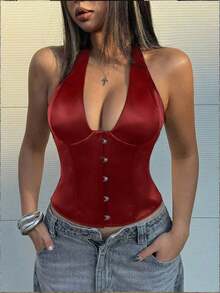 Satin Bustier Crop Top, Front Hook & Rear Tie-Up Backless Design, With Underwire For Waist Shaping, Suitable For Women To Wear At Music Festivals Summer - 紅色 - 查看 4