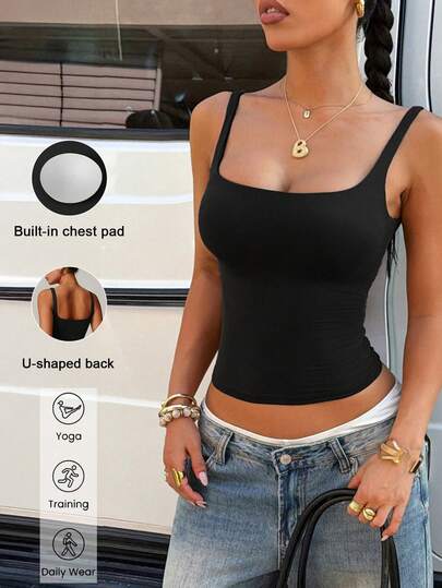 Women's Square Neck Built In Bra Tank Top, Slim Fit Knit Camisole, Stretch Yoga Workout Top For Gym, Running, Fitness, Pilates And Daily Wear