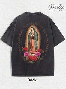 1 Camiseta Religiosa con Diseño Personalizado "Virgen de Guadalupe": Con acabado vintage desgastado, impresión artística en el frente de Nuestra Señora de Guadalupe con rosas, ilustración elaborada en la espalda de la Virgen de Guadalupe rodeada de rosas y texto "VIRGEN DE GUADALUPE REINA DE MEXICO PATRONA DE AMERICA". Confeccionada en algodón 100% transpirable, es perfecta para añadir un toque espiritual, nostálgico y cultural a tus atuendos durante las celebraciones del Día de Nuestra Señora de Guadalupe, eventos religiosos o para uso diario. Es una excelente opción de regalo para amigos y familiares. Las camisetas 100% algodón presentan un diseño juvenil y moderno. Camisetas gráficas para hombre, camisetas gráficas para mujer, "Cachorro Feliz", Regreso a la escuela. - Negro - Ver 3