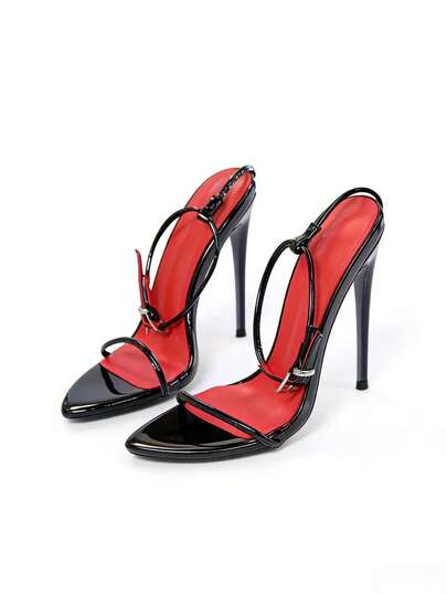 Black & Red Contrast Color Patent Leather Pointed Toe Stiletto Heel Sandals, One-Strap Ankle Strap High Heel Mules, Sexy Red Bottom Diva Style Party Shoes, Versatile Elegant Lady High Heels