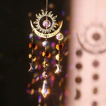 1 chiếc chuông gió pha lê treo cửa sổ, hình mặt trời và mặt trăng, kiểu dáng Boho, hình mặt trăng bằng sắt, đồ trang trí nhà cửa bằng pha lê.