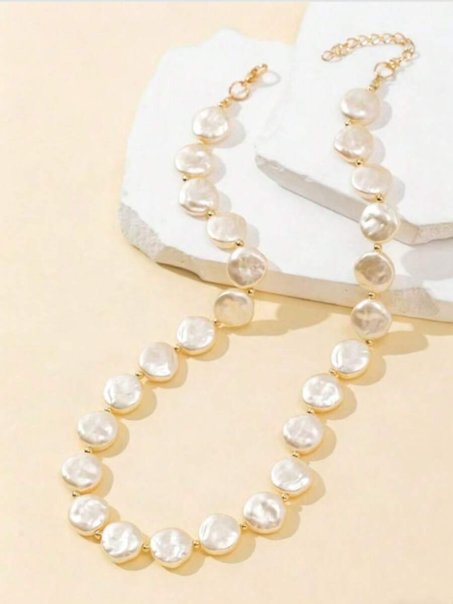 1pc Asymmetrical Faux Pearl Beaded Necklace, Elegant & Fashionable Daily Wear For Women - Beige - View 1