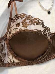 女士两件套棕色花卉刺绣缎面薄纱钢圈文胸和丁字裤内衣套装 - 咖啡棕 - 查看 4
