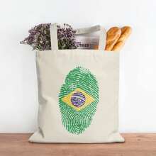 Brazil National Team Fingerprint Flag Canvas Tote Bag, 2026  World Cup Patriotic Shopping Bag, Vintage Casual Shoulder Bag For Seleção Fans - Màu be - Xem 2