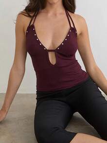 Women Studded Halter Top Sleeveless Open Back V Neck Slim Fit Tank Top Y2k Going Out Tops Club Party Outfits - 酒紅色 - 查看 4
