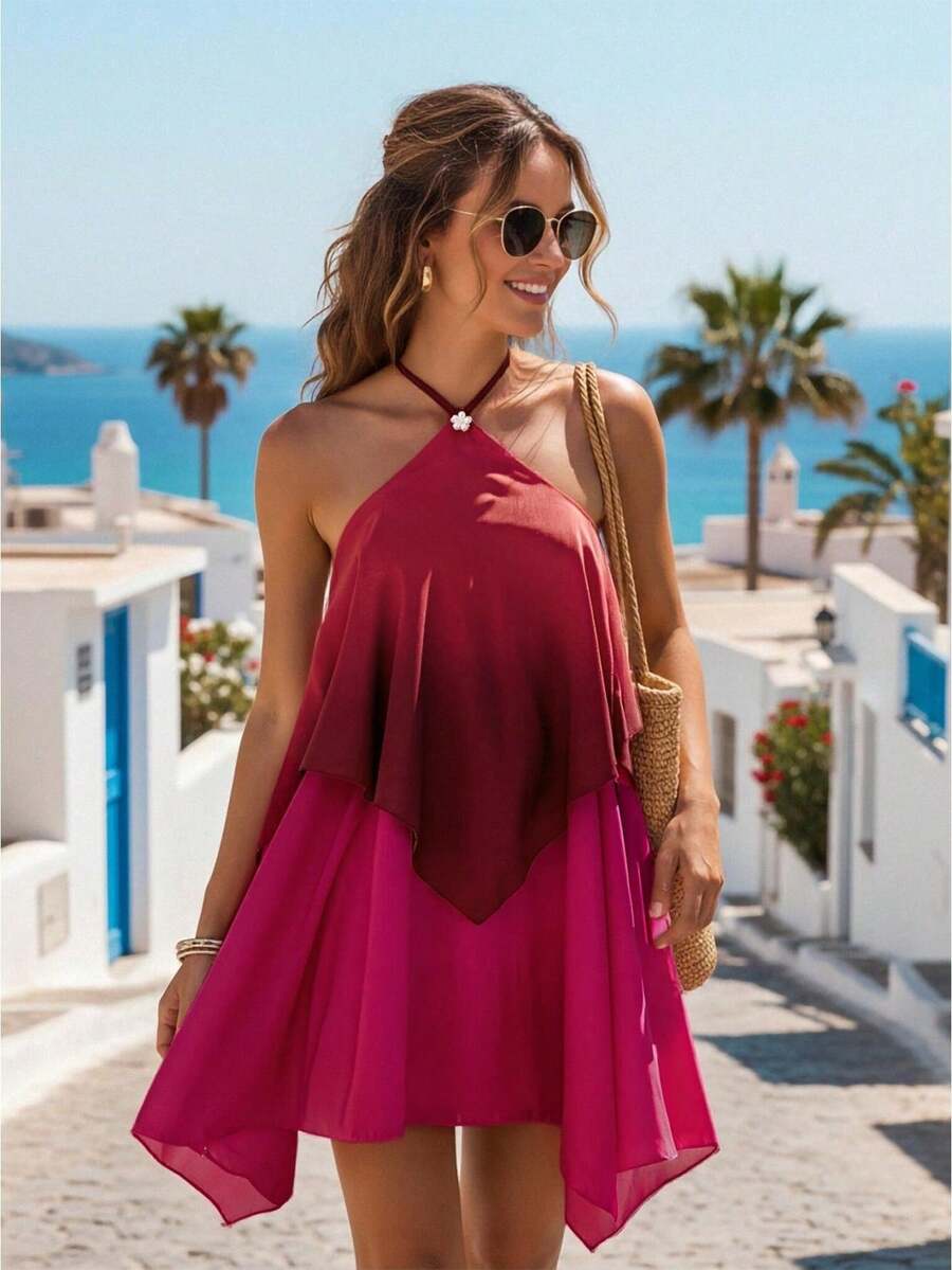 Women's Gradient Halter Mini Dress, Layered Ruffle Hem Dress For Summer Club Nights  Party Outings - 玫紅色 - 查看 1