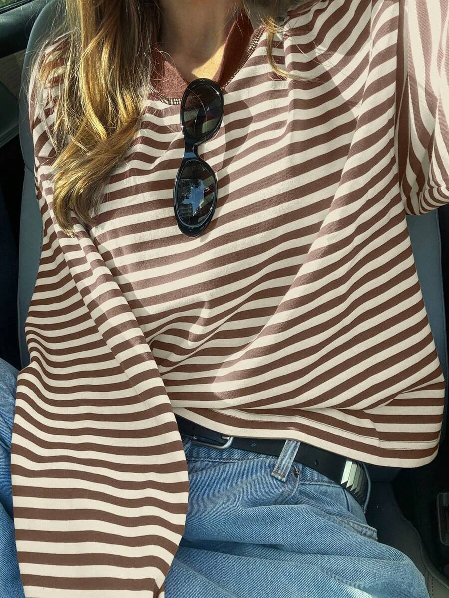 Women's Casual Top, Striped Contrast Ribbed Knit, Everyday Wear, Spring/Autumn