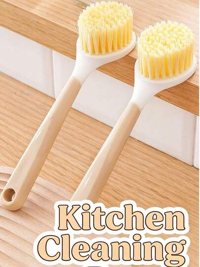 Set de 2 cepillos de mango largo multiusos, cepillo de limpieza de cocina para lavar platos, sartenes, utensilios antiadherentes, herramienta práctica para el hogar