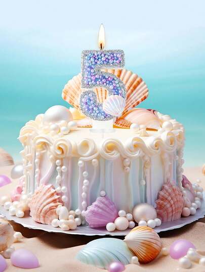 Velas con dígitos de perlas de nácar de lavanda, decoración de pastel de fiesta de cumpleaños con tema de sirena, velas de cristal