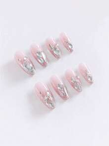 24pcs INS Fresh Summer Almond-Shaped Nail Stickers, Full Coverage Handmade Crystal Rhinestone Fake Nails With Manicure Tool Kit, Suitable For Women Party, Wedding, Vacation, Daily Wear - Multicolor - View 2