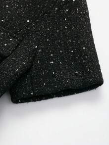 Áo khoác nữ tay ngắn cổ tròn, cài một hàng khuy, chất liệu tweed, màu đen, kiểu dáng thanh lịch, có thắt lưng, thích hợp cho mùa hè. - màu đen - Xem 4