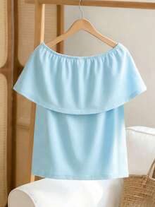 Women's Sweet Light Blue Off-Shoulder Top - Bow Decor Ruffle Hem Short Sleeve Fitted Blouse, Suitable For Summer, Valentine's Day, Vacation, Beach, Party, Wedding, Casual Daily, Spring & Summer Holidays, Cute & Elegant Top - Blue - View 2