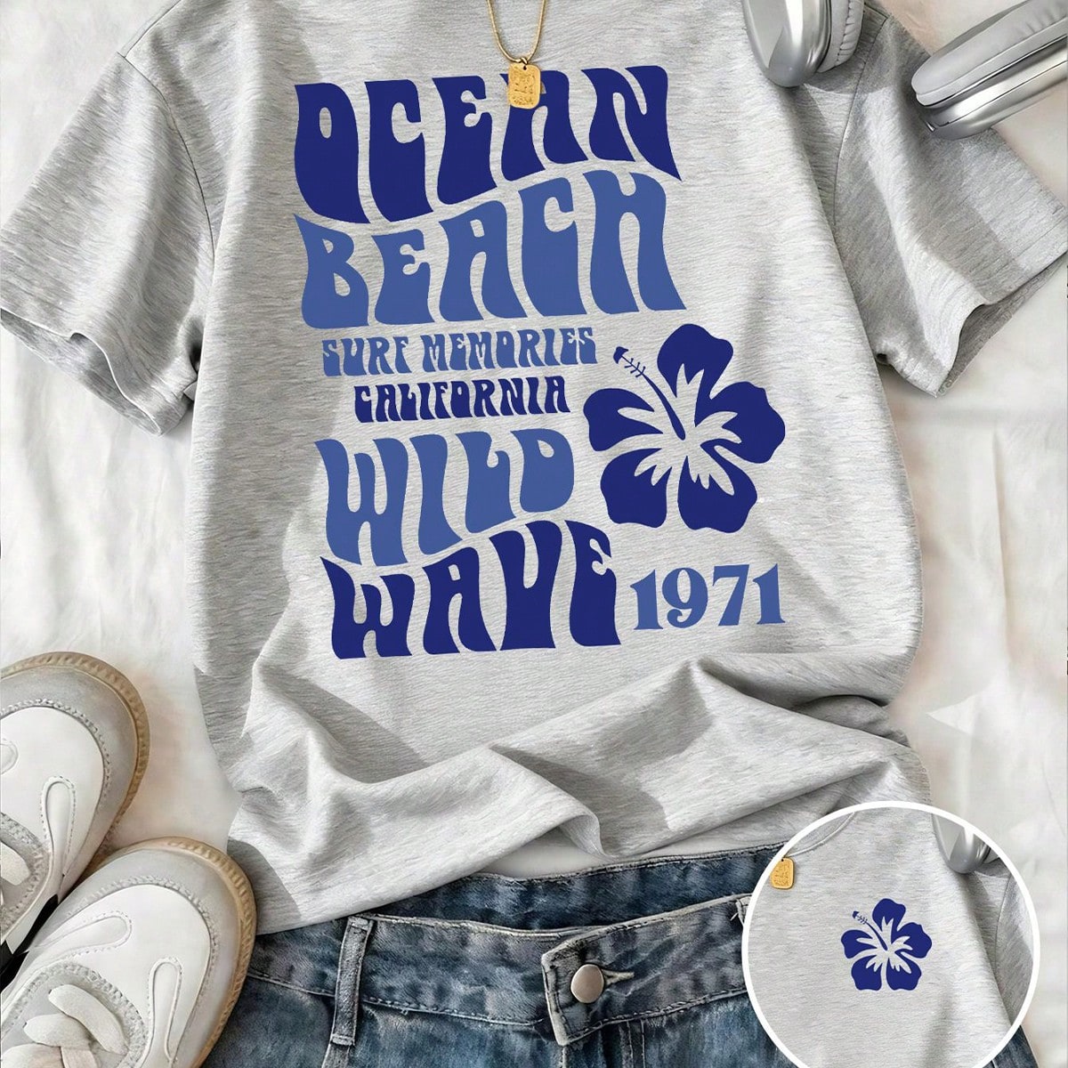 Camiseta de manga corta para adolescentes, estampado retro de hibisco estilo hawaiano y surf de California, camiseta casual de cuello redondo personal