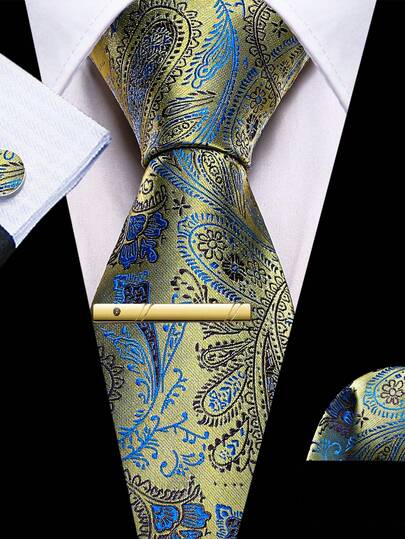 Juego de corbata de hombre con estampado de cachemira amarillo dorado y azul - Incluye pañuelo a juego, gemelos y pinza de corbata dorada, corbata formal de lujo para negocios
