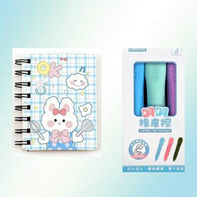 Sổ tay lò xo A7 họa tiết thỏ dễ thương + 3 cục tẩy màu