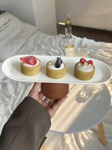 1pc Ins Style Stainless Steel Oval Cream Cake Plate, Elegant Afternoon Tea Cake High Foot Plate, Rectangular Dessert Display & Storage Tray - Multicolor - View 5