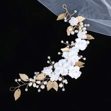 Băng đô cài tóc bằng đất sét mềm màu trắng hình hoa lá đính ngọc trai, phụ kiện tóc cô dâu trong đám cưới. - Vàng - Xem 3