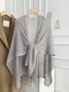 1 Pc Hollow Out Knitted Shawl Shrug Fake Collar For Women, Summer Korean Style, Versatile Neck Protection For Office Air-Conditioned Room, Decorative Outerwear With Knot Scarf, Suitable For Daily, Home & Work Wear - Màu be - Xem 7