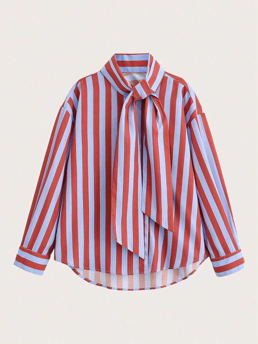 Camisa de cuello alto con lazo a rayas, adecuada para primavera y otoño - Multicolor - Ver 1