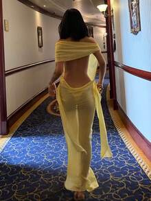 Women's Solid Color Backless Open Shoulder Fitted Sheer Mesh Sexy Dress Elegant Party Summer Yellow - Yellow - View 9