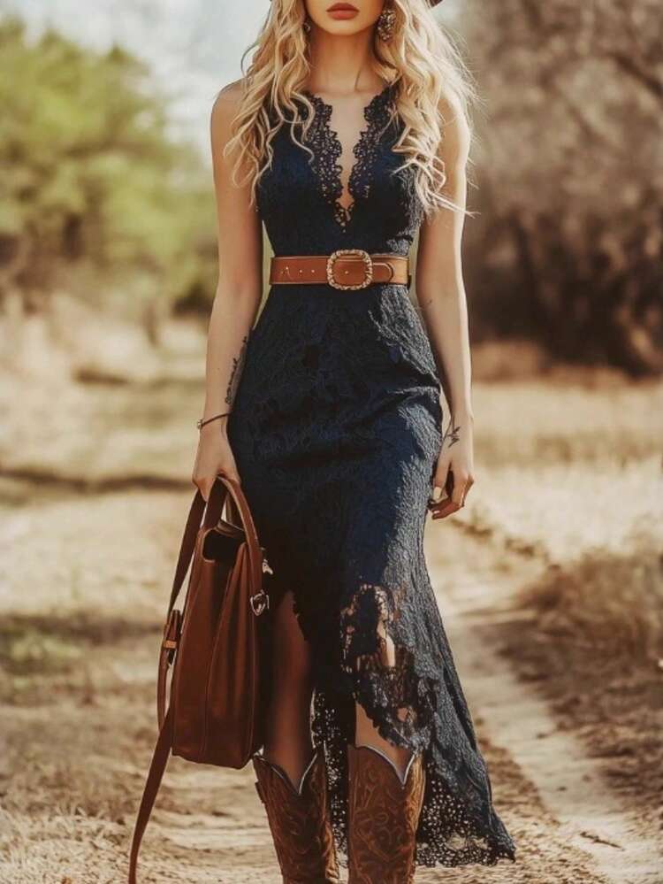 Vestido midi sin mangas de encaje azul, estilo bohemio retro - Nueva colección 2026 para mujer - Negro - Añade 1