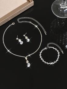 新娘闪耀首饰套装，圆形水晶吊坠项链+水滴耳环+手链，正式婚礼/毕业礼物 - 銀色 - 查看 4