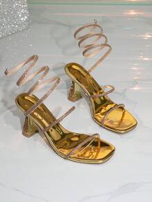 Giày sandal cao gót nữ sang trọng màu vàng đính đá lấp lánh, thiết kế buộc dây, mũi vuông, đính đá lấp lánh. - Vàng - Xem 3