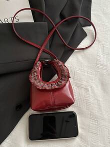Mini Handbag, Fashion Lace Ruffle Crescent Moon Bag, Handheld Small Bag, Stylish Red Shoulder Small Bag - Red - View 5