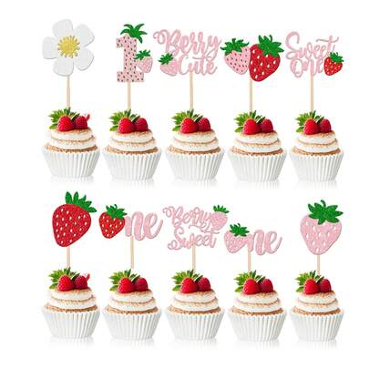 20/10pcs Shiny Strawberry Cake Decorative Stickers - Shiny Strawberry Style | 1st Birthday Cake Decoration | Strawberry Birthday Party Decor | Suitable For Baby Christening And 1st Birthday Party Cake Decoration
