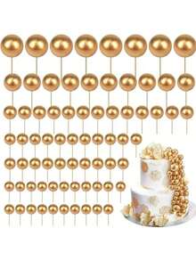 20 Gold Spherical Cake Topper Balls, Round Gold Cake Fan Shape, Foam Cake Ball Decorative Balloons Cupcake Salute Spherical Cake Toppers, For Wedding Birthday Cake Decoration Supplies - Multicolor - View 2
