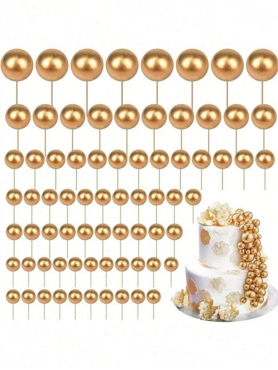 20 Gold Spherical Cake Topper Balls, Round Gold Cake Fan Shape, Foam Cake Ball Decorative Balloons Cupcake Salute Spherical Cake Toppers, For Wedding Birthday Cake Decoration Supplies
