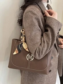 Bolsa tote minimalista de cor sólida com lenço, ideal para compras, como carteira, para mulheres jovens, estudantes universitárias, recém-casadas e profissionais. Perfeita para escritório, universidade, trabalho, negócios, deslocamentos diários, atividades ao ar livre, viagens e excursões. - Castanho - Ver 5