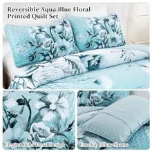 Blue Floral Quilt Set Queen 3 Pieces Boho Flower Quilt Coverlet Set Soft Microfiber Lightweight Floral Quilted Bedspread with 2 Pillow Shams for All Season 90"x96" - Agua - Ver 7