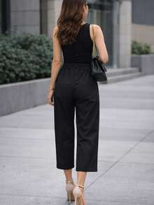 Pantalón dama mujer cintura elástica delgado y fresco para verano de moda casual unicolor - Negro - Ver 2