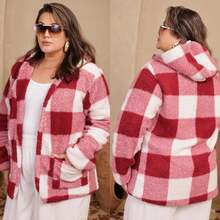 Casaco Plus Size Teddy Forrada por Dentro com Capuz Sobretudo Feminino Frio - Coral - Visão 3