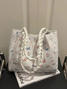 1 chiếc túi xách tay tối giản, chất liệu nylon trắng, in hình bướm và hoa, quai buộc thắt nút, kiểu dáng thường ngày, thời trang và đa năng dành cho nữ, mẫu mới mùa xuân. - trắng - Xem 6