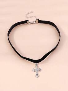 1 pieza Collar de cinta negra estilo gótico con colgante de cruz de rhinestone, adecuado para uso diario - Plateado - Ver 3