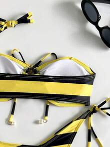 Bộ bikini 2 mảnh kẻ sọc thanh lịch không lưng kèm phụ kiện mặt dây chuyền đính hạt, bộ bikini đi biển. - Nhiều màu - Xem 5