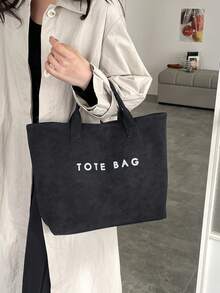 复古大容量女士手提包，字母印花简约设计，通勤百搭 - 黑色 - 查看 8