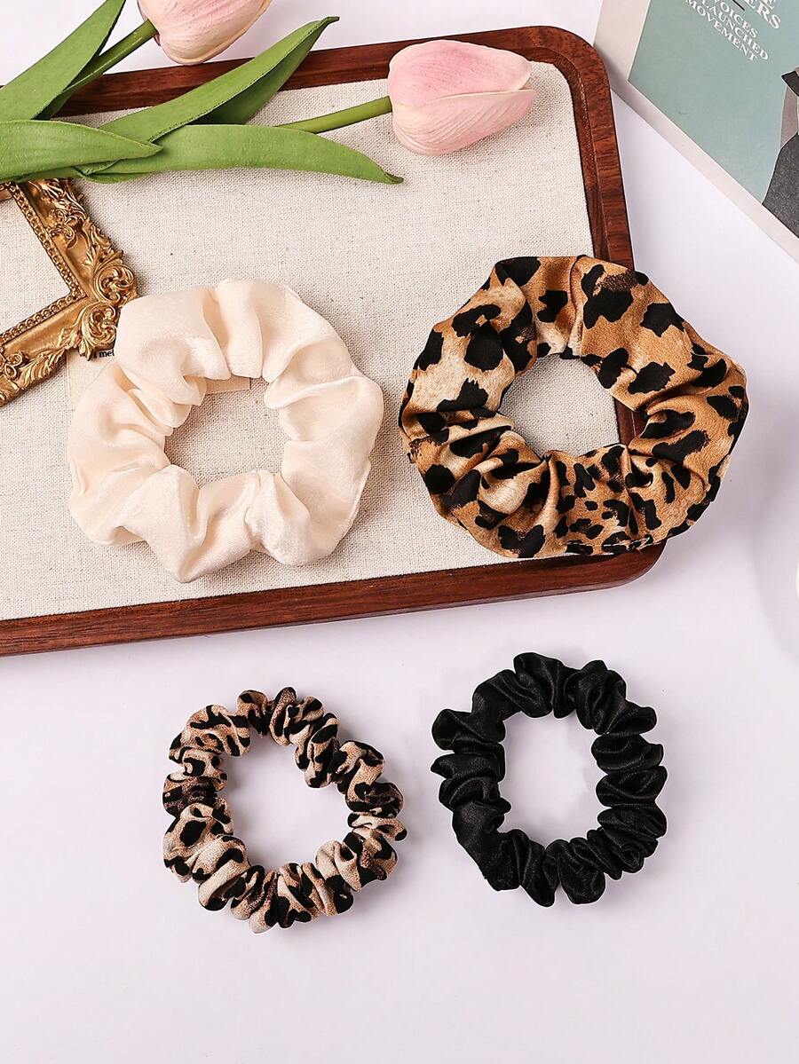 4 piezas Lazos de pelo elásticos con estampado de leopardo, scrunchies versátiles de moda adecuados para trenzas, moños, coletas altas - Multicolor - Ver 1