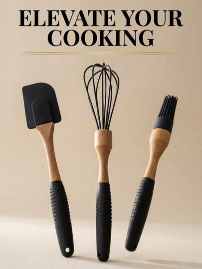 ชุดเครื่องครัวซิลิโคน (เครื่องมือขูด, ที่ตีไข่, แปรงทาน้ำมัน): ทนความร้อน, หัวซิลิโคนนุ่มไม่ขีดข่วนเครื่องครัวและเหมาะสำหรับการเตรียมอาหารเช้า, การอบและการทำอาหารประจำวัน ทำจากวัสดุซิลิโคน, ด้ามจับซิลิโคนไม่ลื่นและสัมผัสไม่ระคายเคือง สารเคลือบกันติดทำให้เป็นชุดที่หลากหลายและใช้งานได้จริงในห้องครัว