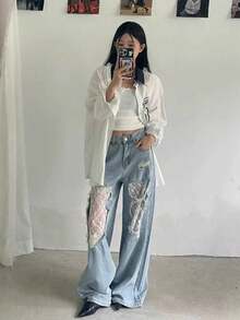 Quần jeans rách phối ren thời trang mùa xuân - Rửa nhẹ - Xem 5