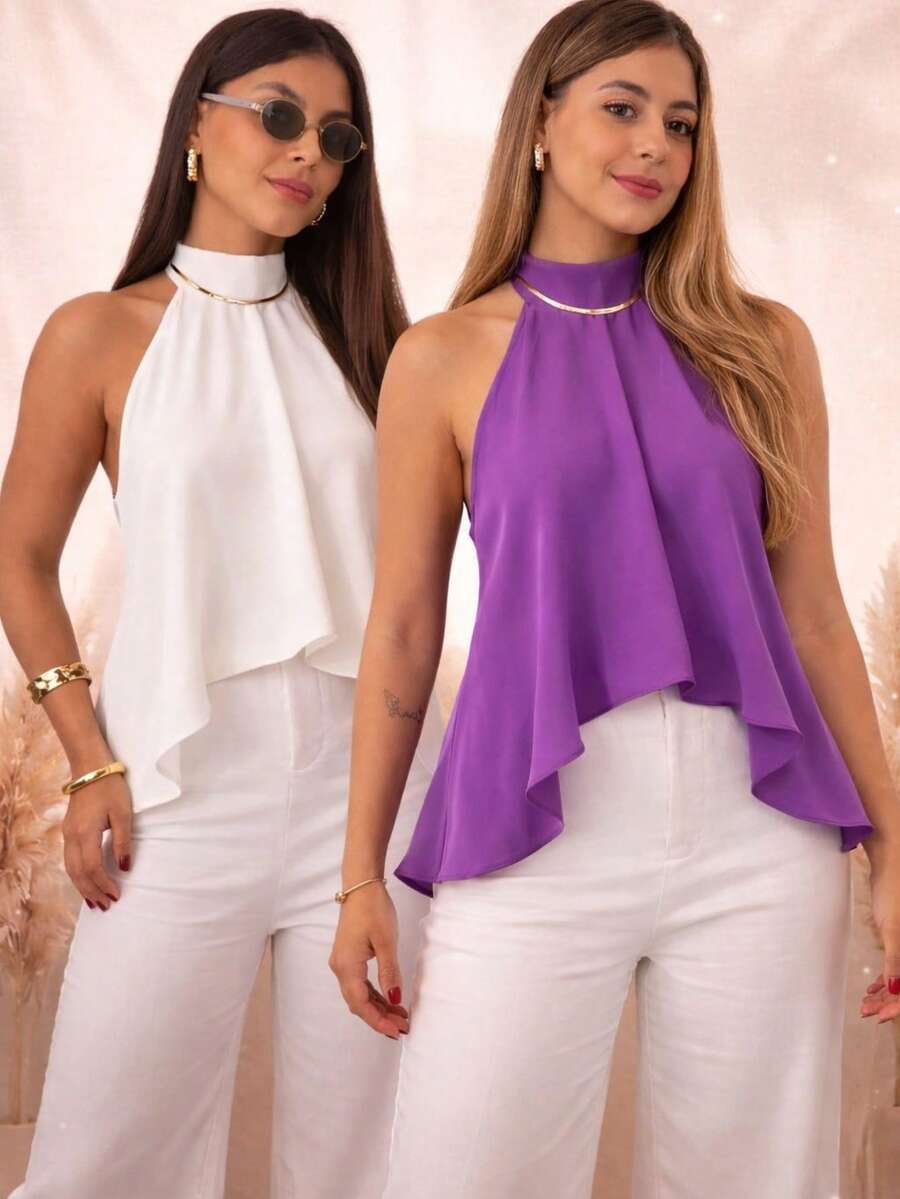 Women's Blouse With High Neck And Asymmetrical Neck Tie - White/Lavender - View 1