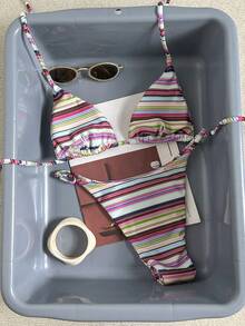 Traje de baño de 2 piezas sexy y colorido con rayas para mujer, conjunto de bikini con espalda descubierta y lazos, adecuado para la playa, vacaciones y cruceros en verano - Multicolor - Ver 11