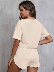2pcs Women Summer Casual Solid Color Short Sleeve Crew Neck Crop Top & High Slit Shorts Pajama Set, Spring/Summer Lounge Set - Rượu sâm banh - Xem 8