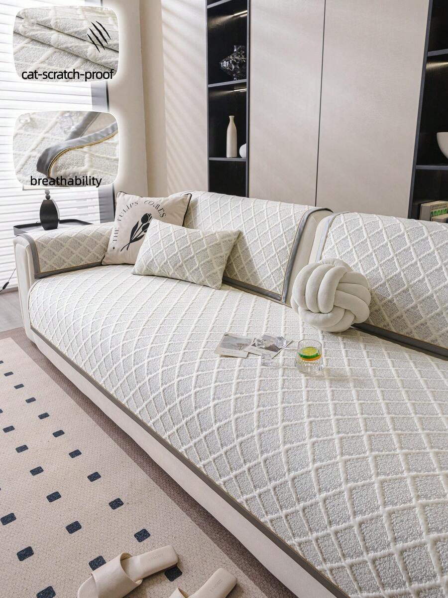1pc Solid Color Plaid Pattern Chic Sofa Cover, Modern Minimalist Sofa Slipcover, Stain Resistant, Anti-Slip, Dust-Proof, Protects Sofa, Machine Washable, Non-Deforming, Fade-Resistant, Durable, Pet-Friendly, Sofa Makeover, Sofa Decor, Enhances Ambiance, Fits 1-4 Seater, L-Shaped Sofa - Grey - View 1