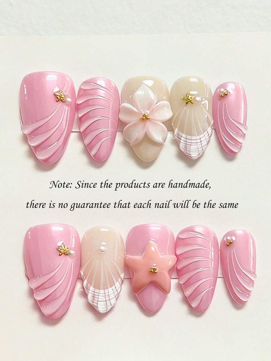 10张简约清新甜美ins风辛辣酷炫Y2K手绘贝壳图案、水滴图案、3D浮雕金珍珠、粉白五瓣雕花、粉色海星、金色五角星、短杏仁美甲贴纸，美甲贴花 - 粉色 - 查看 1