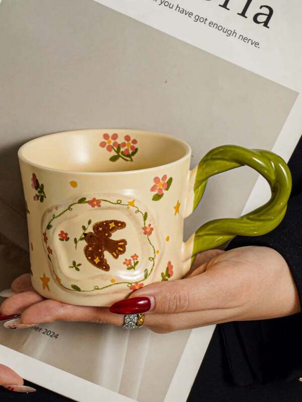 1pc Hand-Painted Butterfly Braided Handle Mug, Vintage Floral & Bird Design High-Quality Couple Cup Durable Daily Water/Coffee Cup, Braided Handle Aesthetic, Romantic Tableware Decor Suitable For Home, Restaurant, Cafe, Dessert Shop, Gift, Party